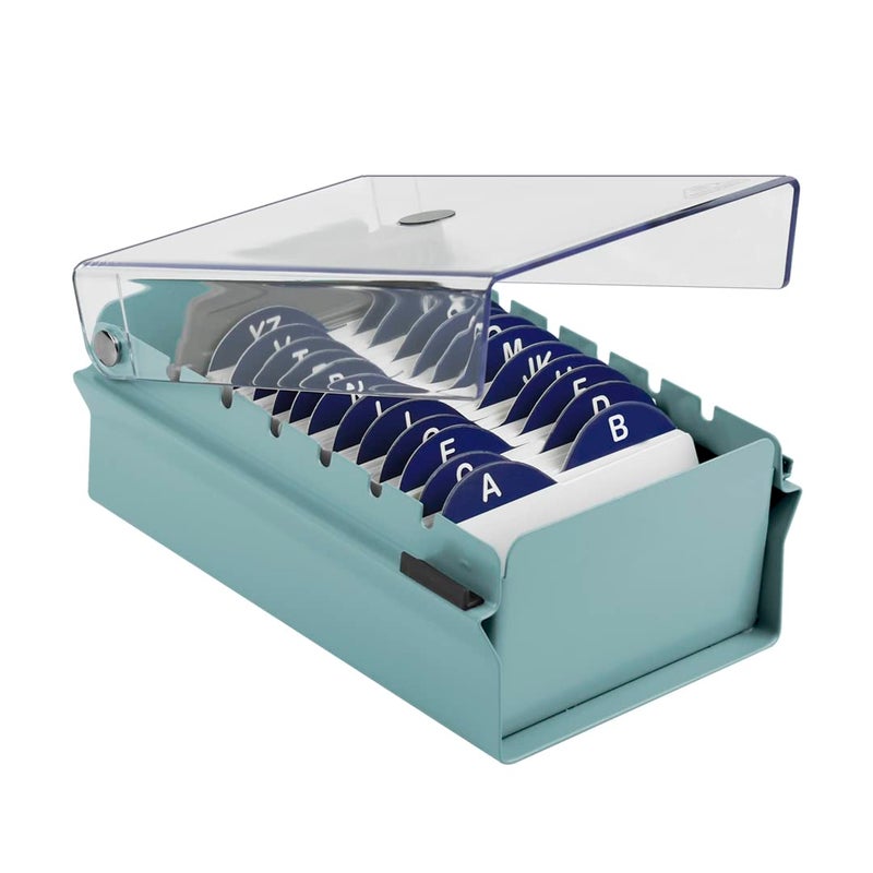 Acrimet Index Business Card Size File Holder Organizer Box Metal Base Heavy Duty (AZ Index Cards and Divider Included) (Green Color with Clear Crystal Plastic Lid Cover) - Image 1